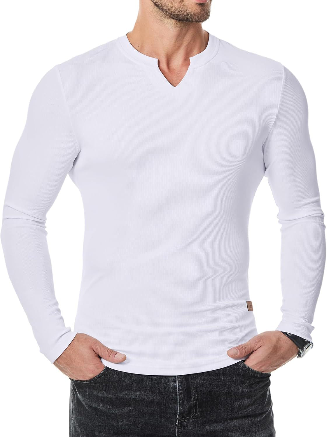Men's Athletic Longline Ribbed Top🔥V-Neck Long Sleeve, Moisture-Wicking for Gym Sessions/Casual