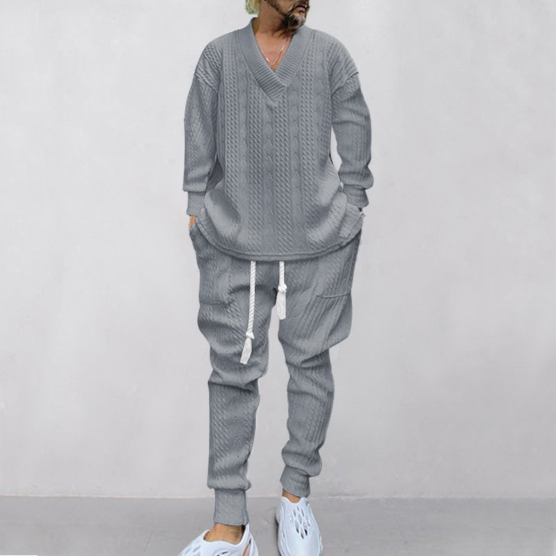 Men's Jacquard Drop Shoulder V Neck Top & Drawstring Waist Pants, Casual Fashion Pullover & Pocket Trousers for Daily Wear