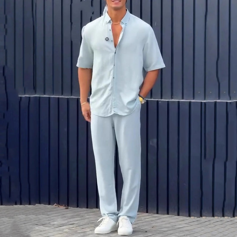 Men’s Solid Lapel Short-Sleeve Tops ＆ Pants 2-Piece Set👔